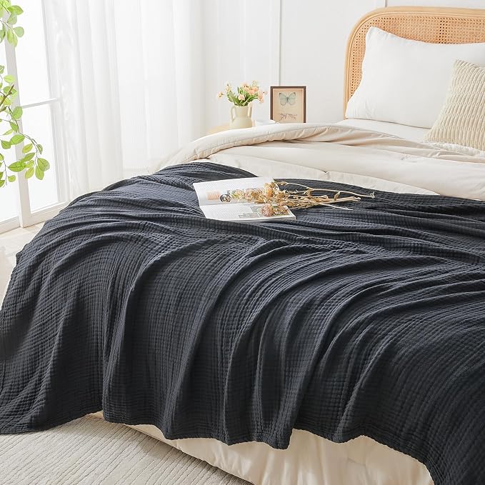 EMME Muslin Blankets for Adults Throw Blanket for Couch Breathable Gauze Soft Lightweight Airy Black Twin 60" x 80" | Summer Throw Blankets for Couch Breathable Gauze Blanket All Seasons Soft & Lightweight Pre-Washed Cotton Blanket Sofa