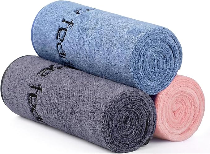 Microfiber Gym Towels Bigger Size Super Soft for Exercise Fitness, Sports, Workout, 380-GSM 15-Inch x 31-Inch Quick-Drying Towels (Blue-Pink-Grey, 3 Pack)