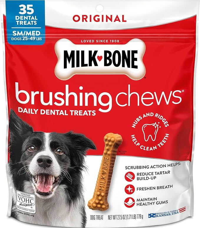 Milk-Bone Brushing Chews, Small/Medium, Original Flavor, 35 Dental Treats | 27.5-oz. bag, Daily dental dog treats, For dogs 25-49 lbs., Original chicken flavor