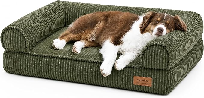 FUKUMARU Cute Dog Bed, Thickened Orthopedic Dog Sofa, Waterproof&Washable | 36" Corduroy Dog Couch with 4" Extra-Thick Egg-Crate Foam, Large Pet Bed for Medium to Large Dogs, Green