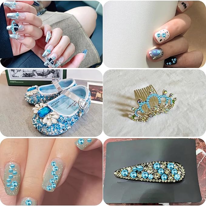 Beadsland 8300PCS Flatback Rhinestones, Blue Rhinestone Round Crystal Rhinestones for Crafts, Mixed 10 Sizes with Wax Pencil and Tweezer Kit, SS3-SS30, Aquamarine
