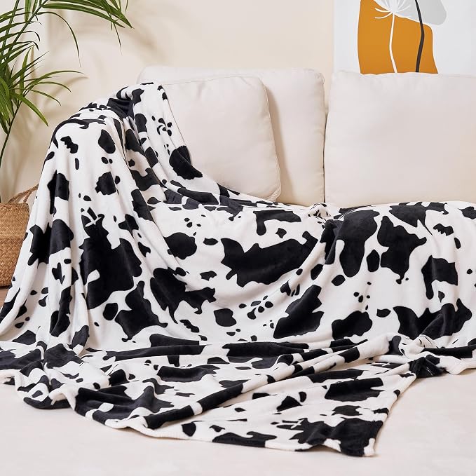 Viviland Fleece Blankets Queen Size Cow Print - 280GSM Lightweight Soft Fuzzy Cozy Plush Queen Blanket for Bed, 90x90 inches