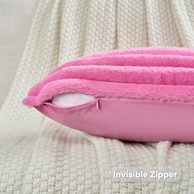 FUTEI Pack of 2 Faux Fur Throw Pillow Covers 18x18 Inch, Hot Pink | Fluffy Faux Rabbit Fur Front/Premium Velvet Back,Hidden Zipper,Machine Washable,Non-Shedding,Colorfast,Insert Not Included.