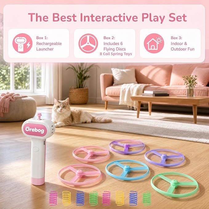 Cat Toy Disc Launcher,Rechargeable Interactive Cat Fetch Toy with 6 Discs | Cat Toys for Indoor Cats with 8 Coil Spring Toys,Flying Cat Enrichment Toys for Adult Kittens Dog Playing,Fun Toy for Outdoor
