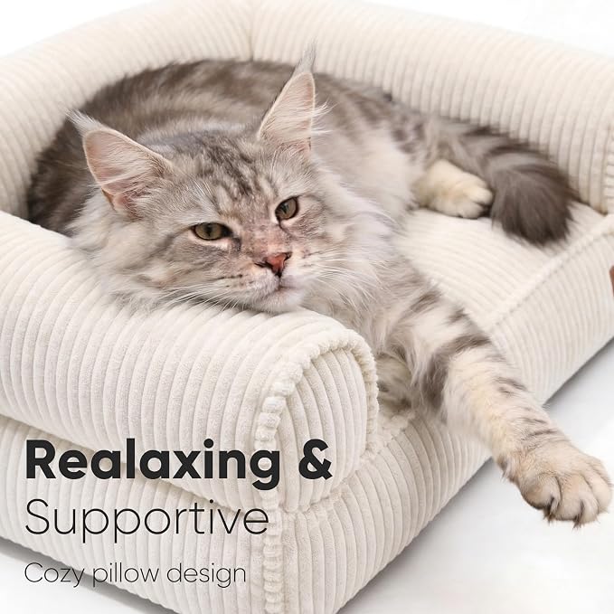 FUKUMARU Dog Couch Bed, Corduroy Cozy Cat Bed, Waterproof, Washable Cover | 28in Orthopedic Dog Beds Sofa for Small Dogs and Large Cats, Cute Warm Cotton Pet Sofa
