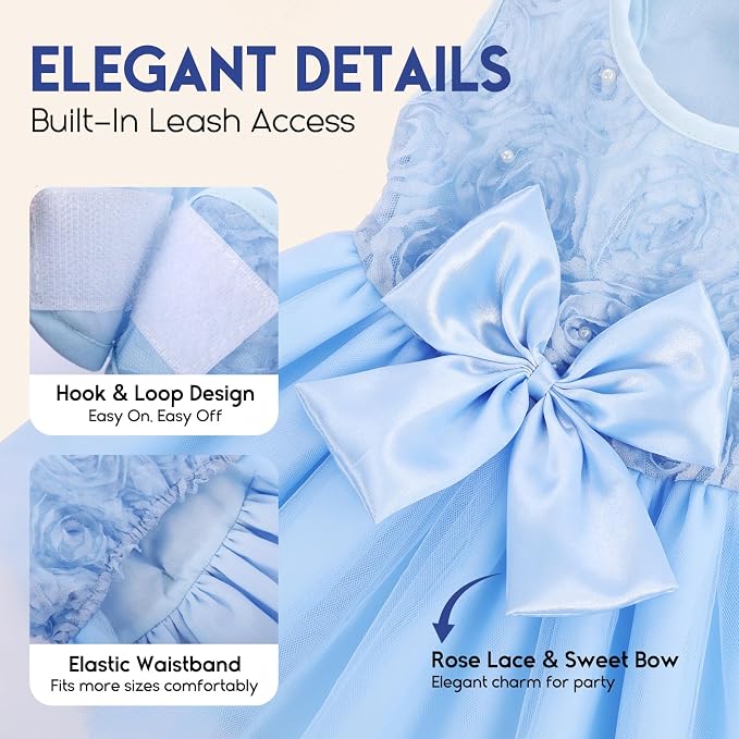 ASENKU Dog Dress Pet Wedding Dress Puppy Birthday Party Outfit, Blue S | Dog Flower Girl Dress With Leash Hole, Princess Puppy Dress For Weddings, Daily Wear, Fits Small Medium Large Dogs Cats