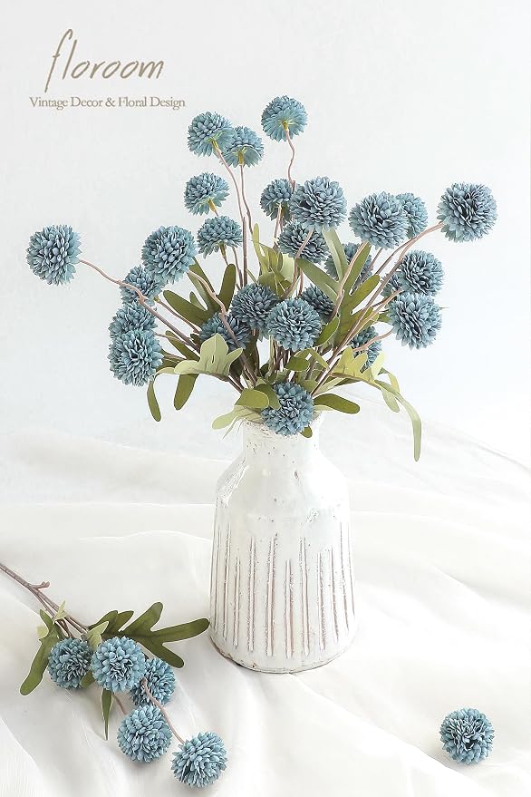 5pcs Dusty Blue Faux Silk Mums Artificial Flowers, Bulk Fake Small Mini Chrysanthemums with Stems for DIY Slate Blue Wedding Centerpieces Floral Arrangements Vase Fillers Home Decorations