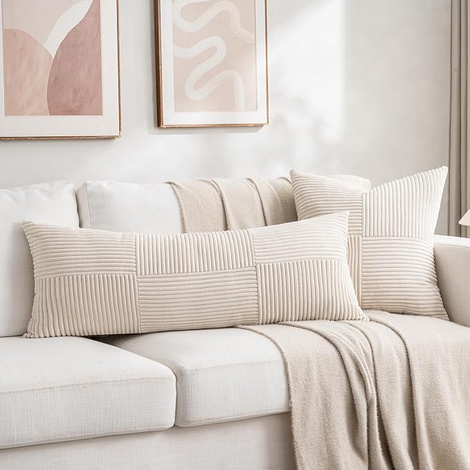 Fancy Homi Set of 1 Cream Boho Long Lumbar Body Decorative Throw Pillow Cover 21x54 Inch for Bed Couch Bedroom Bench, Soft Patchwork Corduroy Textured Pillow Case, Rustic Farmhouse Room Decor