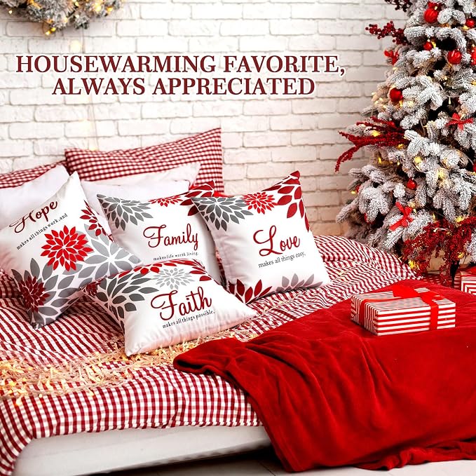 Tatuo 4 Pcs Flower Pillow Covers Square Summer Pillow Cushion Cases 18 x 18 Inch Family Faith Hope Love Words Decorative Spring Winter Cushion Case for Bed Couch Sofa Living Room(Red Series)