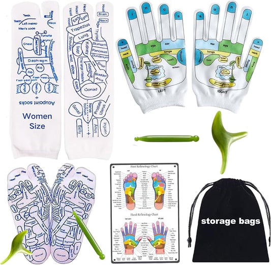 Reflexology Socks with Gloves Tools Set Foot Massage Socks with 2pc Tools Socks with Trigger Point Massage Tool Acupressure Socks Reflexology Foot Massage Socks for Women
