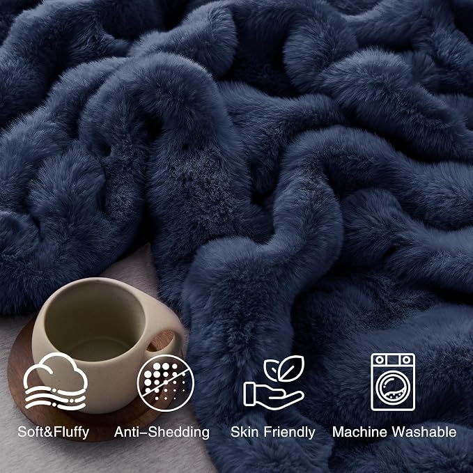 Comelady Soft Fluffy Faux Fur Throw Blanket 50"x60", Bubble Plush Texture | Navy Blue Thick Fuzzy Throw, No-Shedding, Aesthetic & Cozy for Couch Bed Room Decor, Warm Gift for Women Men