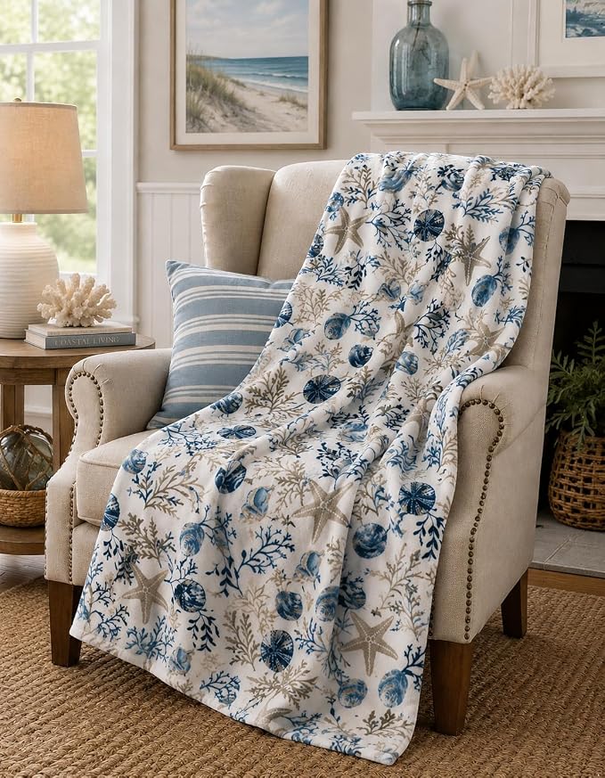 Coastal Ocean Beach Throw Blanket, Blue Gray Taupe White, 50x70 Oversized | Soft Plush Velvet Fleece, Seashell Beach Hues, Accent for Sofa Couch Chair Bed or Dorm, Washable & Durable, Extra Large Size
