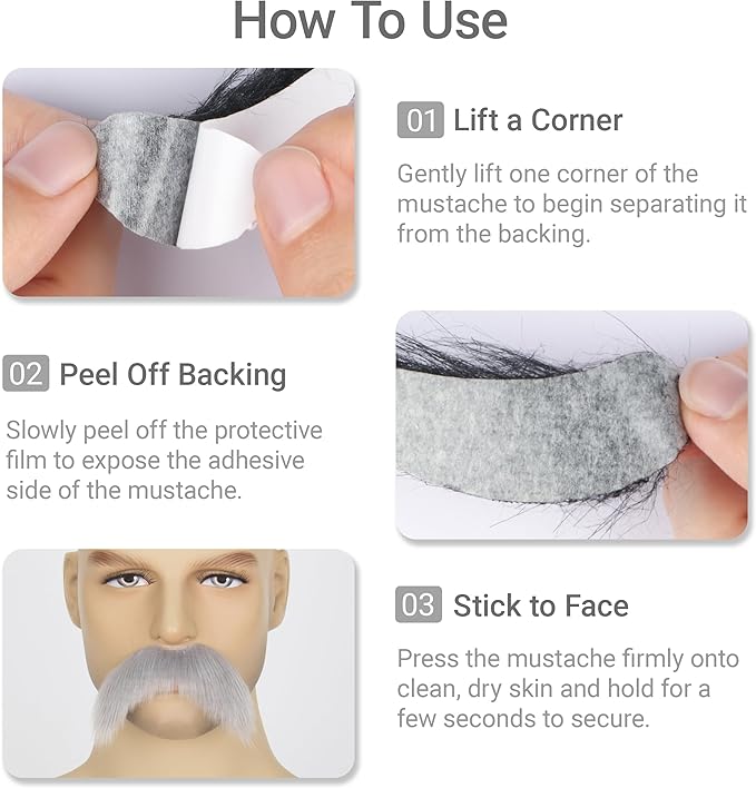 2Pcs Men Fake Mustache Realistic Mustaches Fake Facial Hair Beard for Cosplay Costume Halloween Parties