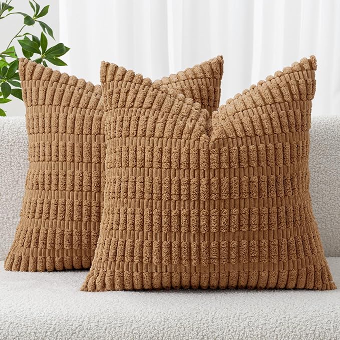 MIULEE Euro Sham Corduroy Decorative Throw Pillow Covers 24x24 Brown | Pack of 2 Soft Boho Striped Pillow Covers Modern Farmhouse Fall Home Decor For Sofa Living Room Couch Bed