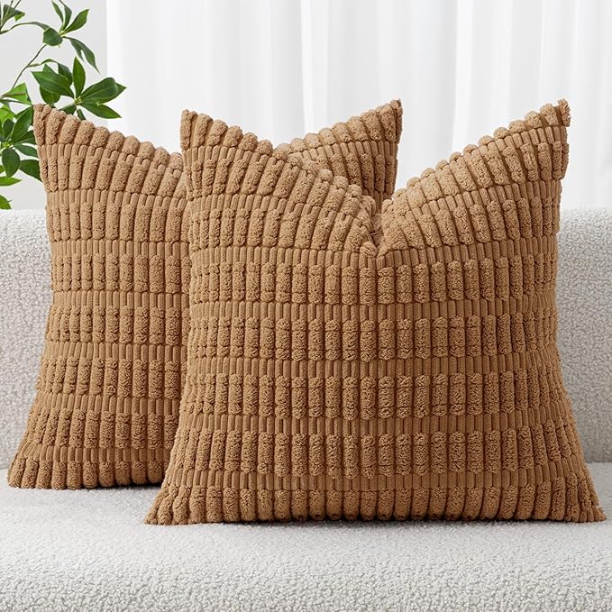 MIULEE Corduroy Decorative Throw Pillow Covers 16x16 Brown Pack of 2 | Soft Boho Striped Pillow Covers Modern Farmhouse Fall Home Decor For Sofa Living Room Couch Bed