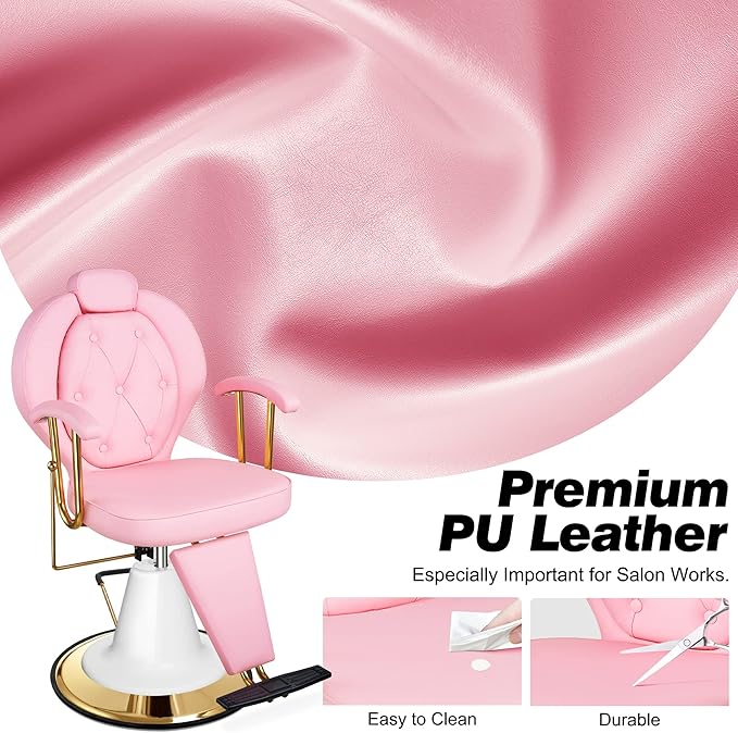 Baasha Pink Reclining Salon Chair for Hair Stylist, All-Purpose Hydraulic Barber Chair, 360° Swivel Design, Adjustable Headrest, Heavy-Duty Base, 440 lbs Capacity