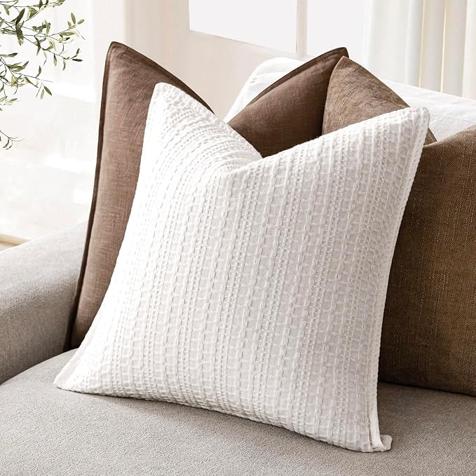Foindtower Set of 2 Decorative Cotton Waffle Weave Throw Pillow Covers Euro Shams Cushion Covers Accent European Pillowcase for Bed Couch Sofa Bedroom Living Room Home Decor 18×18 Inch Cream White