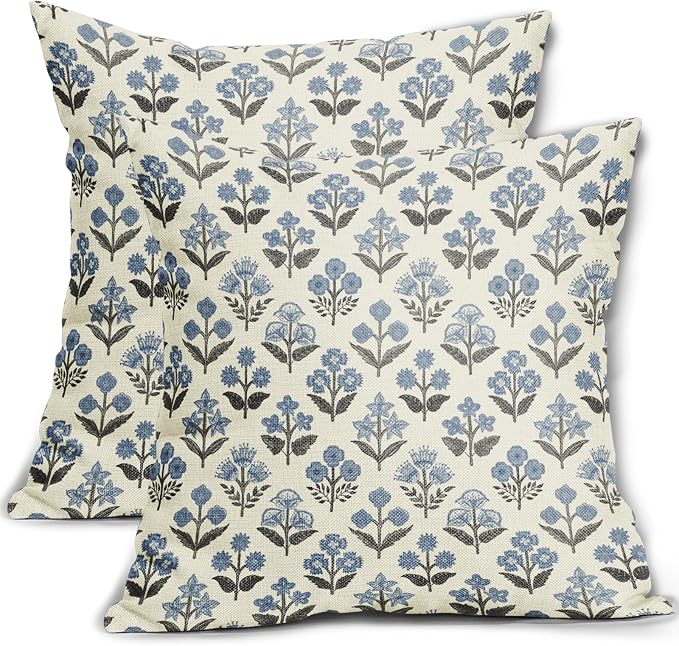 Black Blue Floral Block Print Pillow Covers 16x16 Inch Set of 2, Vintage Flower Pattern Spring Summer Decorative Throw Pillowcases Outdoor Rustic Farmhouse Cushion Covers Seasonal Sofa Couch Bed Decor