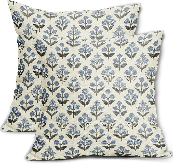 Black Blue Floral Block Print Pillow Covers 20x20 Inch Set of 2, Vintage Flower Pattern Spring Summer Decorative Throw Pillowcases Outdoor Rustic Farmhouse Cushion Covers Seasonal Sofa Couch Bed Decor
