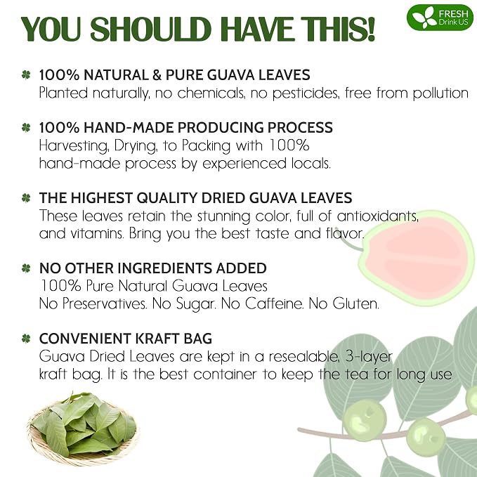 FreshDrinkUS, Premium 100+ Natural Guava Leaves, Whole Dried Leaves, 100% Pure, Natural Guava Loose Leaf Herbal Tea, No Additives, No Caffeine, Vegan