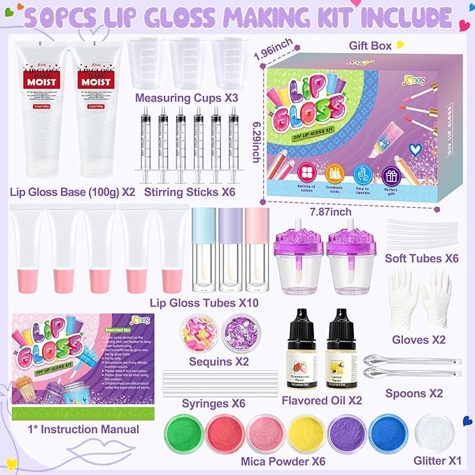 Jcoos 55PCS Lip Gloss Making Kit, Fun Lip Gloss Kit to Make Your Own Lip Gloss for Girls, Women, Teens with Moisturizing Lipgloss Base, Tubes, Pigments Lipgloss Set Christmas Gift for Women