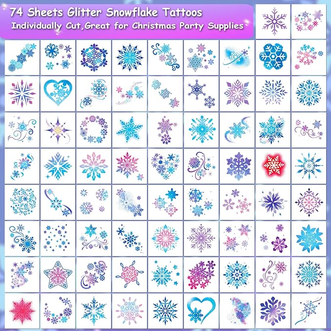 Glitter Snowflake Temporary Tattoos for Kids - 74 Individually Sheets Snowflake Tattoos for Kids Winter Christmas Party Supplies