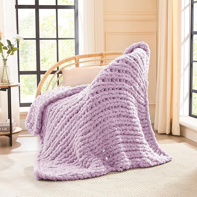 L'AGRATY Chunky Knit Throw Blanket for Couch, 40'' x 50'' Knit Throw, Purple