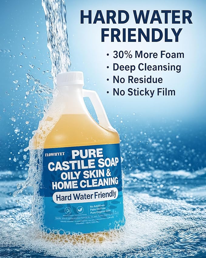 Pure Castile Soap Liquid Unscented 1 Gallon(128 fl oz) Refill, EWG Verified Organic Body Wash Bath Soap Castile Liquid,Hard Water Oily Skin Friendly for Body, Face, Hand,Home Cleaner