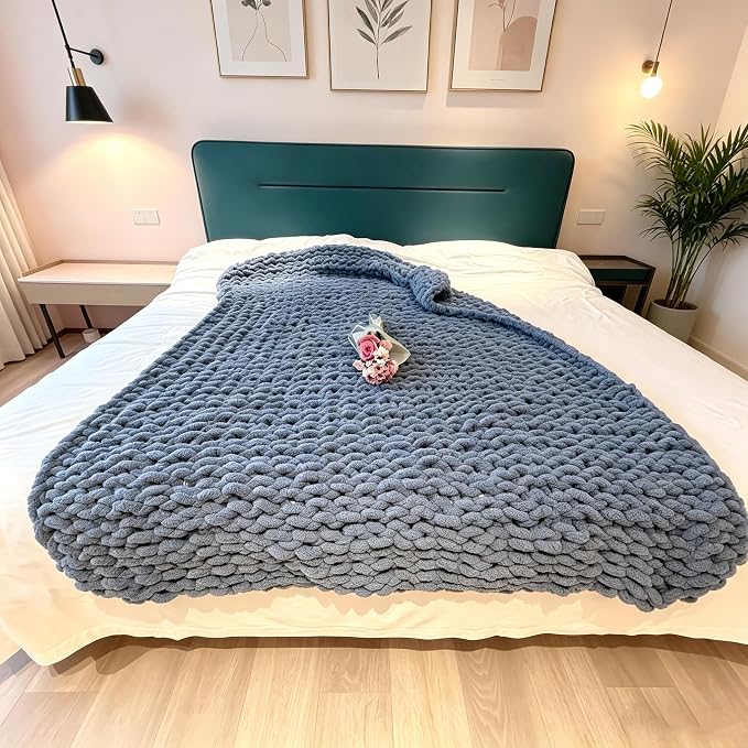 Soft Chunky Knit Throw Blanket for Couch, Cozy Warm Knitted Blankets | Hand Knit with Jumbo Chenille, Lightweight Warm Fluffy Decor for Women, Mom, Her & Girls, Sofa, Chair, Bed,48"×71"(Airy Blue)