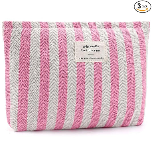 ZLFSRQ Striped Makeup Bag Large Canvas Travel Makeup Bag for Women Cosmetic Pouch Cute Pink Striped Make Up Pouch for Purse Y2k Aesthetic Trendy Zippered Toiletry Bags Gift Skincare Storage Organizer