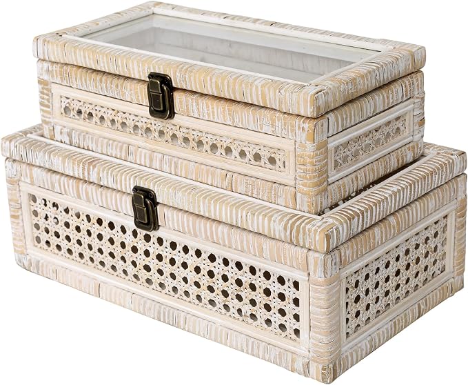 Set of 2 Rattan and Cane Stacking Boxes ,12" and 14", White Wash | With Glass Top Lid - For Boho and Rustic Farmhouse Decor