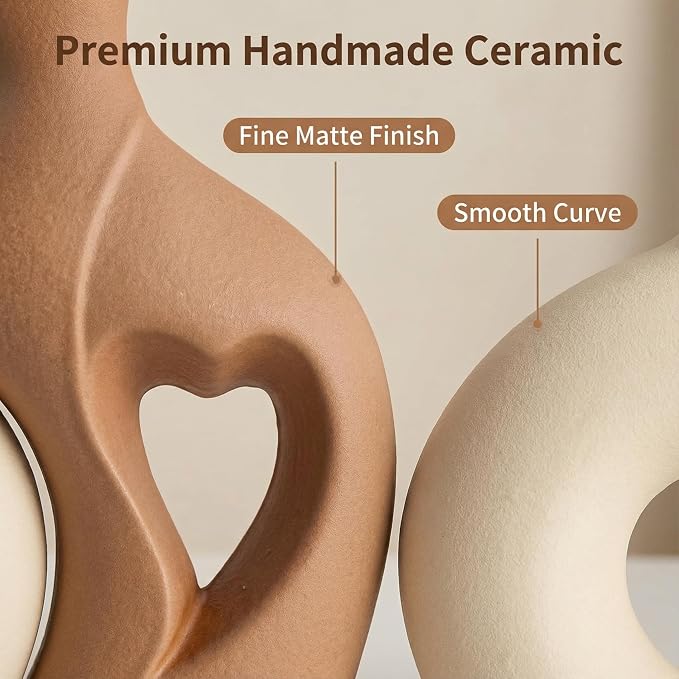 Beige and Brown Ceramic Vase Set of 2，Heart Shaped Home Decor | Nordic, Modern, Table Centerpiece Dining Living Room Office Coffee Table Wedding House Decoration, H 8.5 Inches