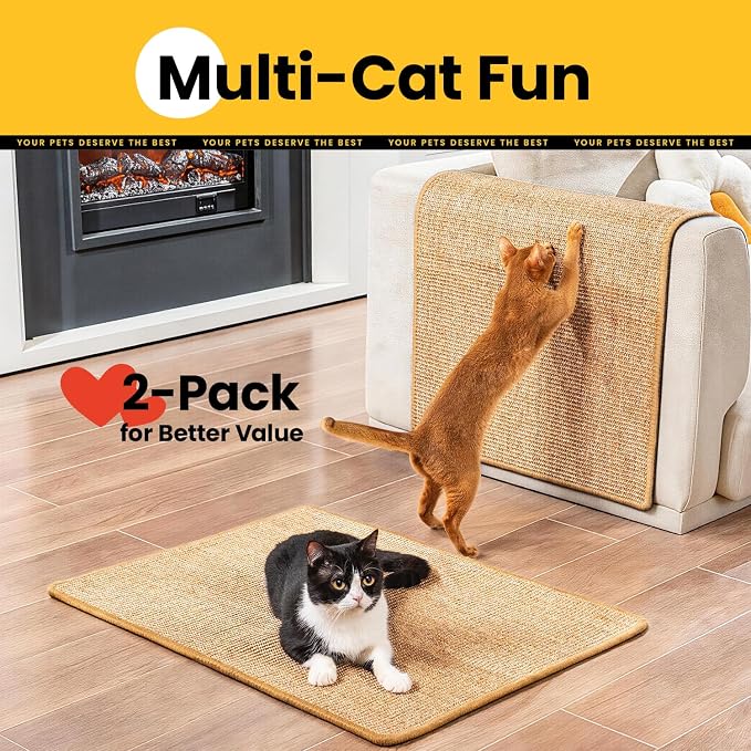 Conlun 2-Pack Cat Scratching Pads, 23.6x31.5in Sisal Wall & Couch Protector | High-density Sisal Mat, No Fraying, Mess-free, Anti-slip Backing, Adhesive Strips for Easy Mounting, Brown