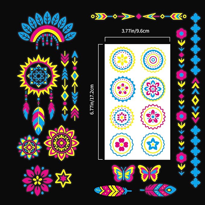 32 Sheets Temporary Tattoo Glow in the Dark, UV Neon Fluorescence Body Arm Fake Tattoo Waterproof Stickers for Women Men Party Favors, Rave Festival Party Supplies