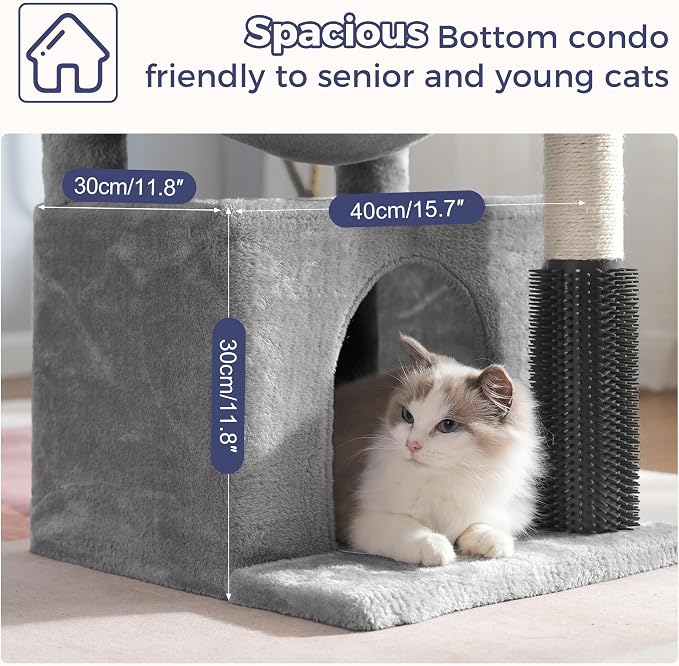 Cat Tree 32” Small Cat Tower with Large Hammock 16”& Self Groomer | Compact Cat Tree with Hammock 16” Dia, Removable Bed, Scratching Post & Self Groomer Small Cat Tree for Indoor & Adult Cats