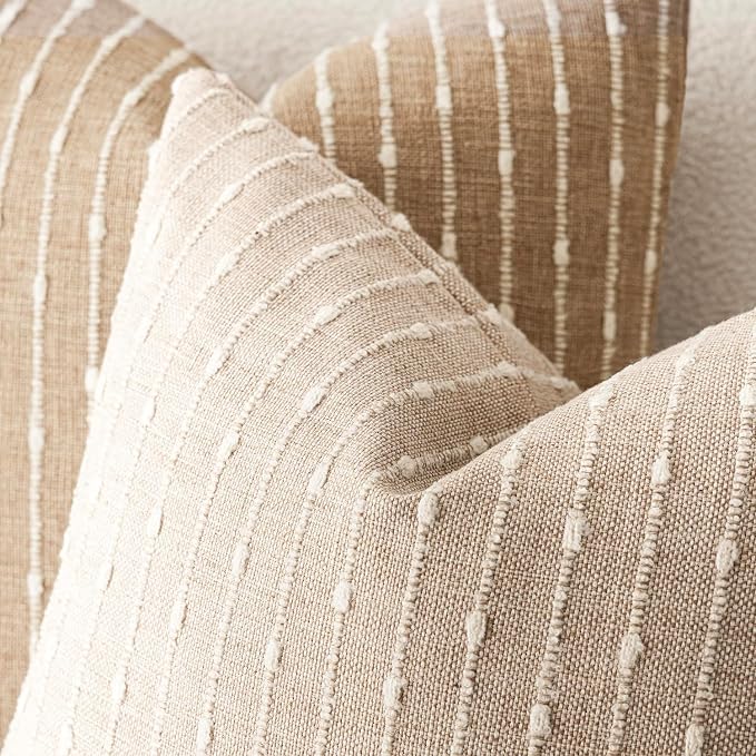 Foindtower Pack of 2 Decorative Jacquard Boucle Lumbar Throw Pillow Covers Accent Textured Striped Pillowcases Cozy Boho Cushion for Couch Sofa Bedroom Living Room Home Decor 12x20 Inch Natural Beige