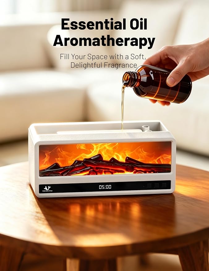 Fireplace Aroma Diffuser for Bedroom Nightstand, Essential Oil Diffuser with Realistic Flame Effect, Remote Control, Timer Auto-Off, 7 Color LED Ultrasonic Aromatherapy Diffuser for Home Office Decor