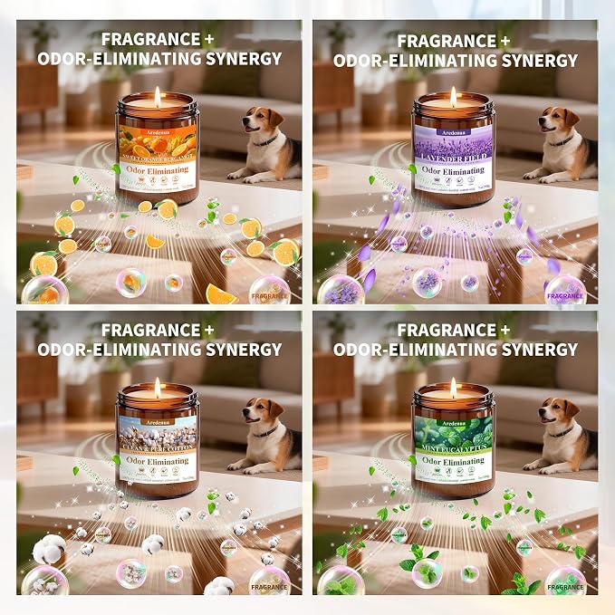 4 Pack Odor Eliminating Candles Set - Eliminates 95% of Pet, Smoke, Food, and Other Smells Quickly - Air Freshing Scent of Lavender/Orange/Mint/Cotton - 28oz Soy Candles for Home Scented, 200 Hours