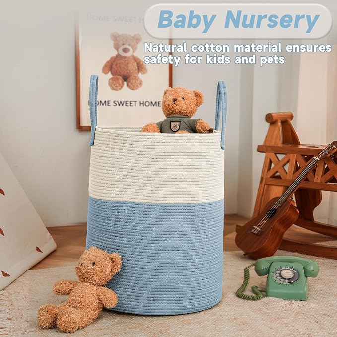 JMvicyroam 80L Cotton Rope Laundry Basket Hamper, White and Blue | Collapsible laundry basket, reinforced handles, freestanding, machine washable, holds 3-5 thick blankets, clothes or toys