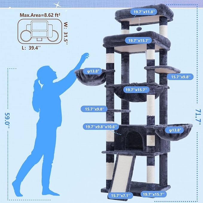Hey-brother Cat Tree Tower with Extra Large Platform and Basket, MPJ080G | 71.7 Inches Scratching Posts with Specious Condo, 2 Cozy Hammocks, Scratch Board for Indoor Adult Cats, Maine Coon Smoky Gray