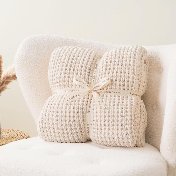 Cream White Throw Blanket for Couch Bed, Waffle Knit Throw Blanket 60"x80" | Ivory Chunky Chenille Throw Blanket, Modern Farmhouse Knitted Blankets, Warm Decorative White Blanket Throw for Home Decor
