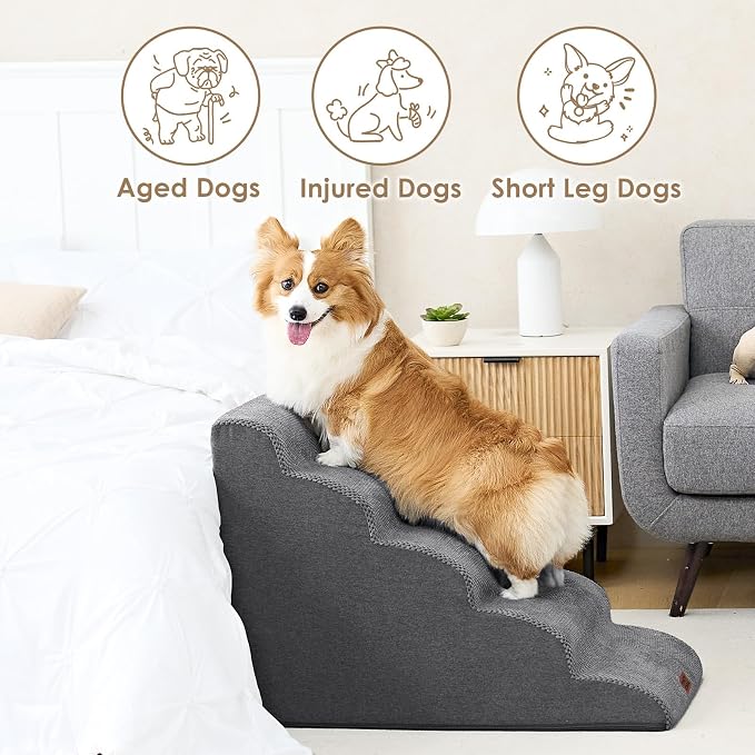 EHEYCIGA Curved Dog Stairs Ramp, 5-Step High Beds, 22.6" H Pet Step | 33D density of pure foam, for Small Dogs and Cats, Pet Stairs for High Bed Climbing, Non-Slip Balanced Pet Step Indoor, Grey