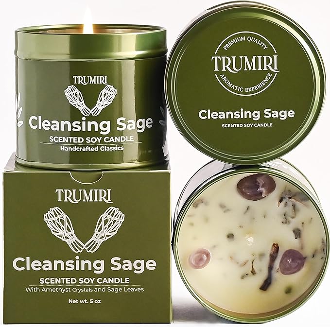 Sage Candle for Cleansing House Negative Energy Smudge Kit - 5oz Soy Wax Natural Clean Organic Non Toxic - Aromatherapy Spiritual Meditation Gifts - Long Lasting Highly Scented Candel with Crystals