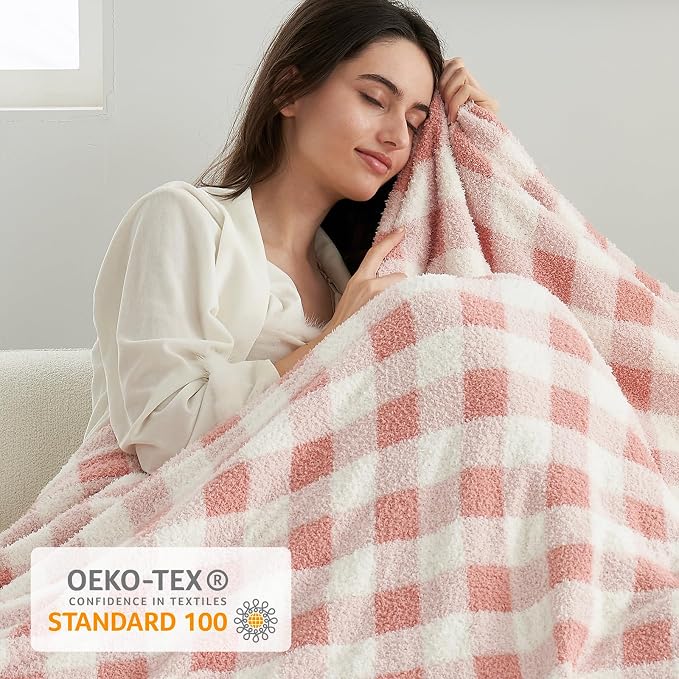 Snuggle Sac Buffalo Plaid Bedding Blanket Twin Size, Super Soft, Cozy Warm Knit Decorative Blankets, Reversible Plaid Fluffy Throws for Bed, Plaid Pink, 60x80 Inches