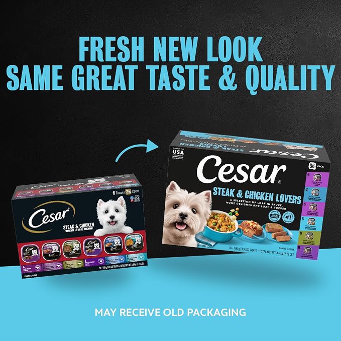 Cesar Wet Dog Food, Steak & Chicken Lovers Variety Pack, 3.5 oz, 36 Count | Real beef or chicken #1 ingredient, no fillers or artificial flavors, slow-cooked, easy to digest, easy-peel trays