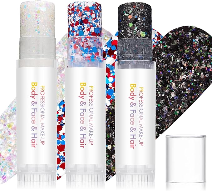 3Pcs Body Glitter Stick,Face Hair Body Glitter Gel,Waterproof Lasting Chunky Sparkling Body Gel Sequins,Festival Rave Accessories Make Up for Halloween Christmas Makeup Party