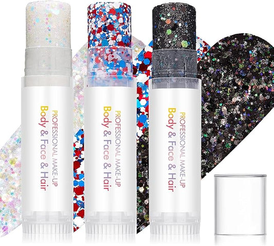 3Pcs Body Glitter Stick,Face Hair Body Glitter Gel,Waterproof Lasting Chunky Sparkling Body Gel Sequins,Festival Rave Accessories Make Up for Halloween Christmas Makeup Party