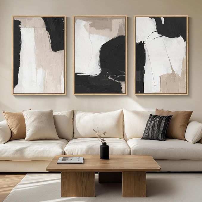 Large Framed Black and White Neutral Abstract Wall Art, 3 Piece, 24x36 In | Black and white pictures, Canvas prints, Wood frame, Modern minimalist artwork for walls, Wall decor for living room office