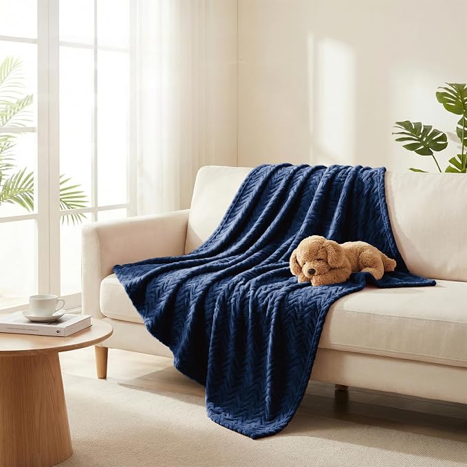 Exclusivo Mezcla Soft Fleece Blanket Queen Size for Bed, Sofa, Navy Blue | 90"x90" Breathable Lightweight Flannel Blanket for Summer, Plush Cozy Jacquard Wave for Home Decor