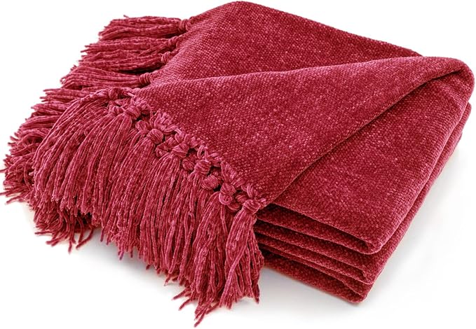 RECYCO Chenille Christmas Throw Blanket for Couch, 50"x60", Christmas Red | Super Soft Knit Throw Blanket with Fringe Tassels, Lightweight Knitted Throw, Cozy, Ideal for Sofa Chair Bed Living Room Gift